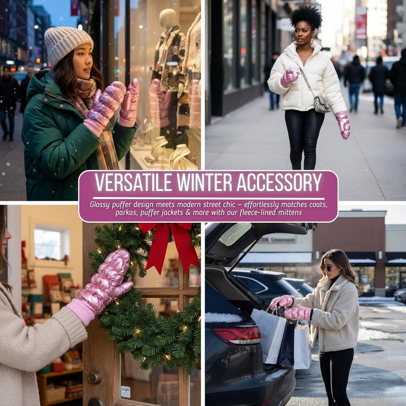 Funky Junque Women's Fleece Lined Puffer Mittens Gloves, Cold Weather Accessory for Ice Skating, Shiny Metallic Knit Cuff - Image 5